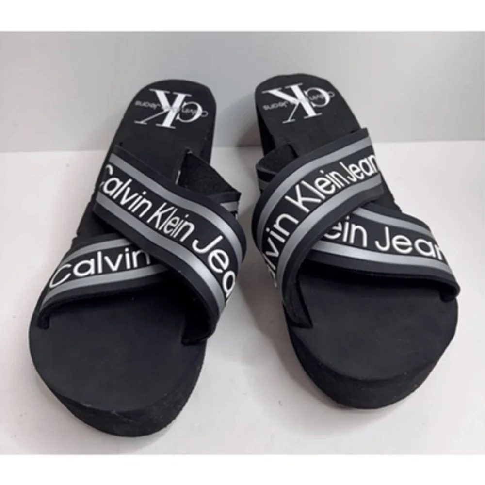 Calvin Klein Sandals Resort Black Logo Crisscross Platform Wedges Size 8.5